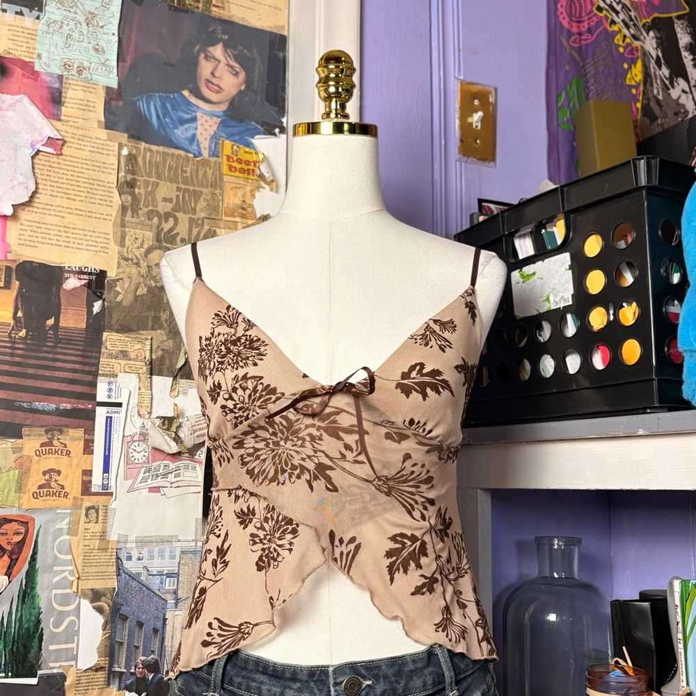 Brown Floral Mesh Cami